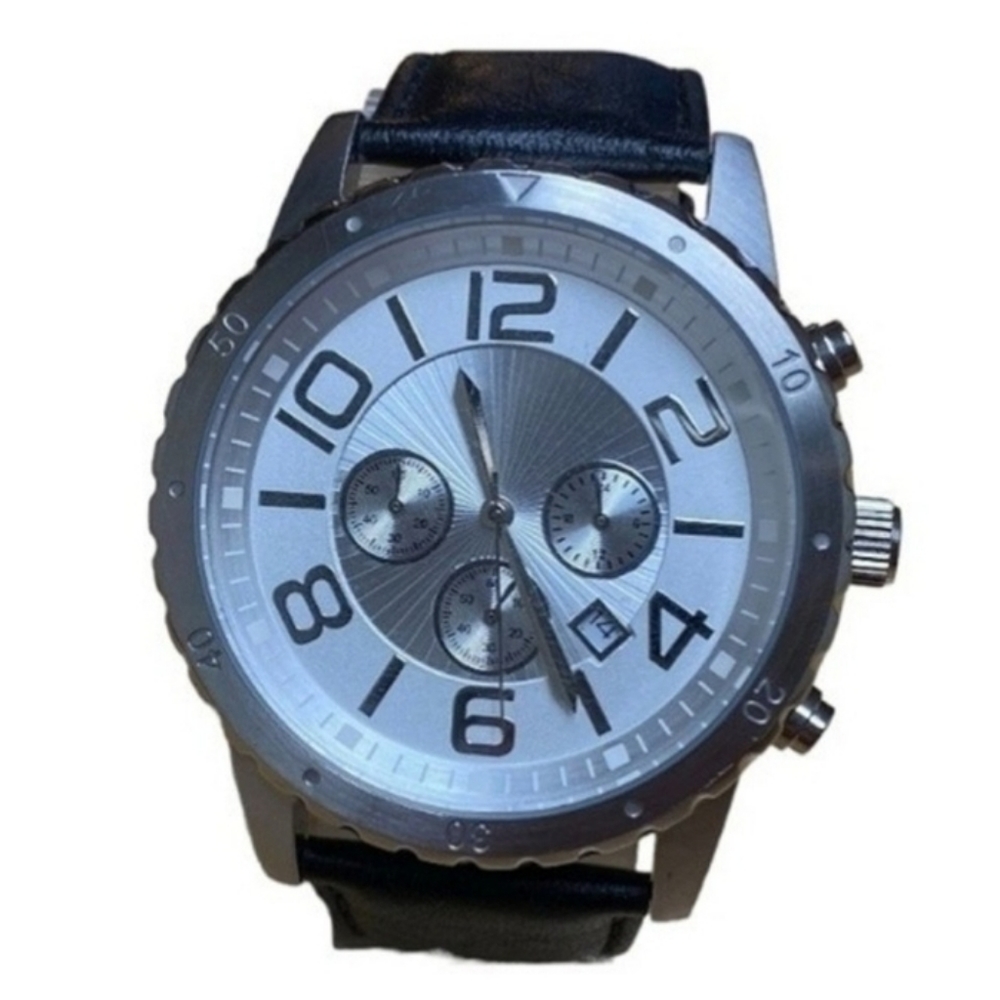 SILPADA Chronograph Black Leather Silver Case Bezel Unisex Boyfriend Style
